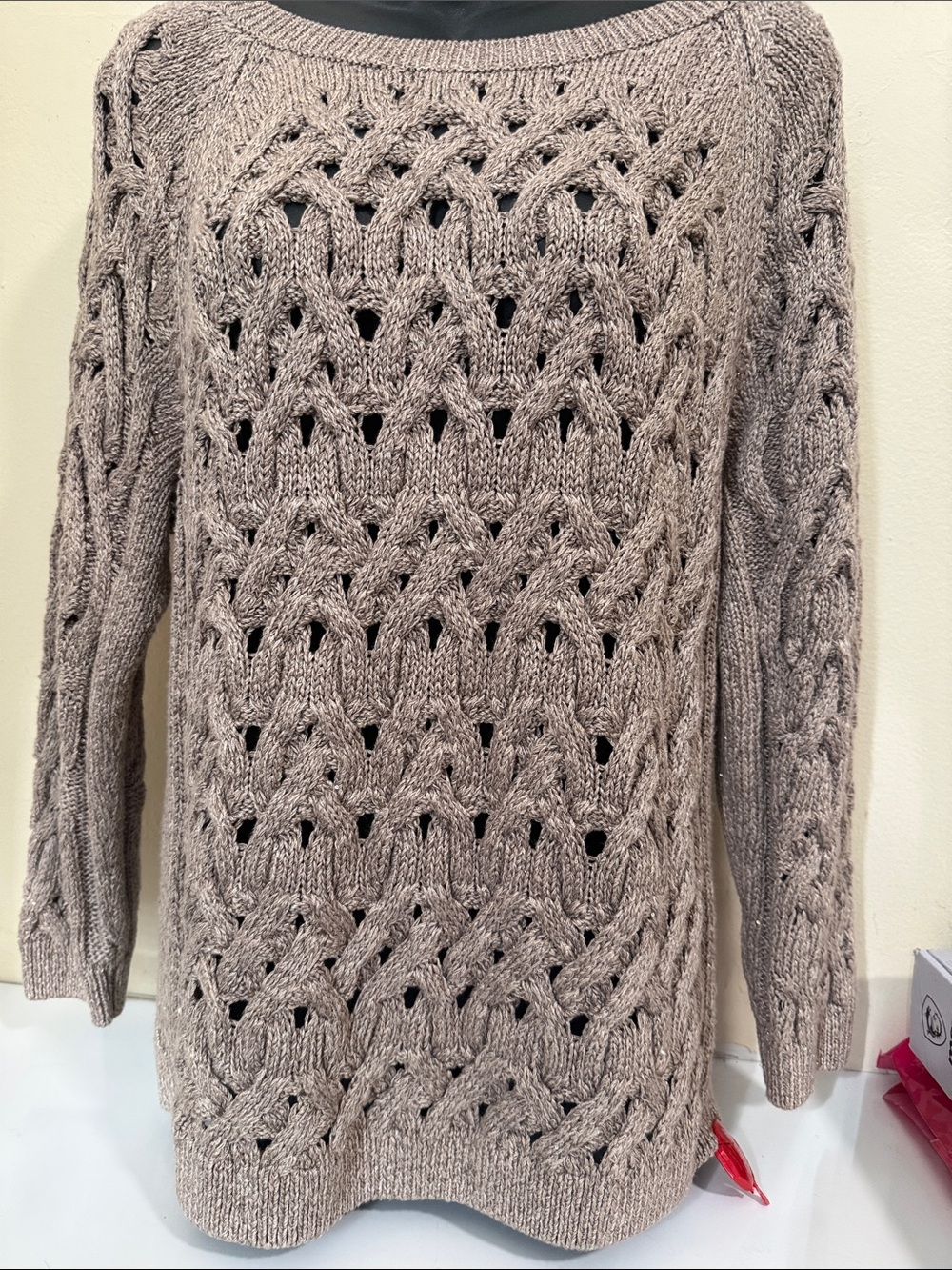 Sandro Open-Knit Cable Scoop-Neck Sweater in Taupe